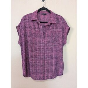 Pleione Short Sleeve Collar Neck Shirt Blouse Pullover Pink Black Women' s L